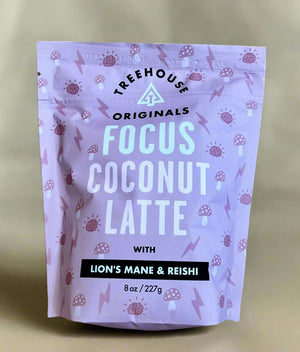 Treehouse Originals Focus Coconut Latte package on a beige background